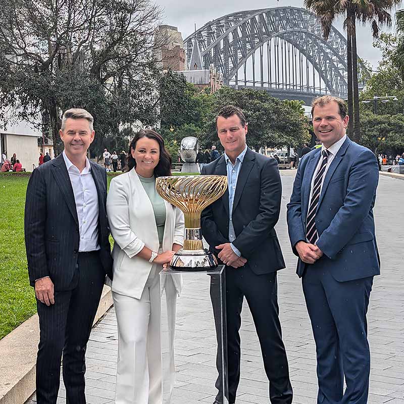 Former Australian players Todd Woodbridge, Casey Dellacqua and Lleyton Hewitt join Tournament Director Stephen Farrow for the 2025 United Cup draw in Sydney.