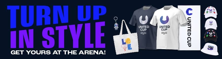 Banner promoting United Cup merchandise range