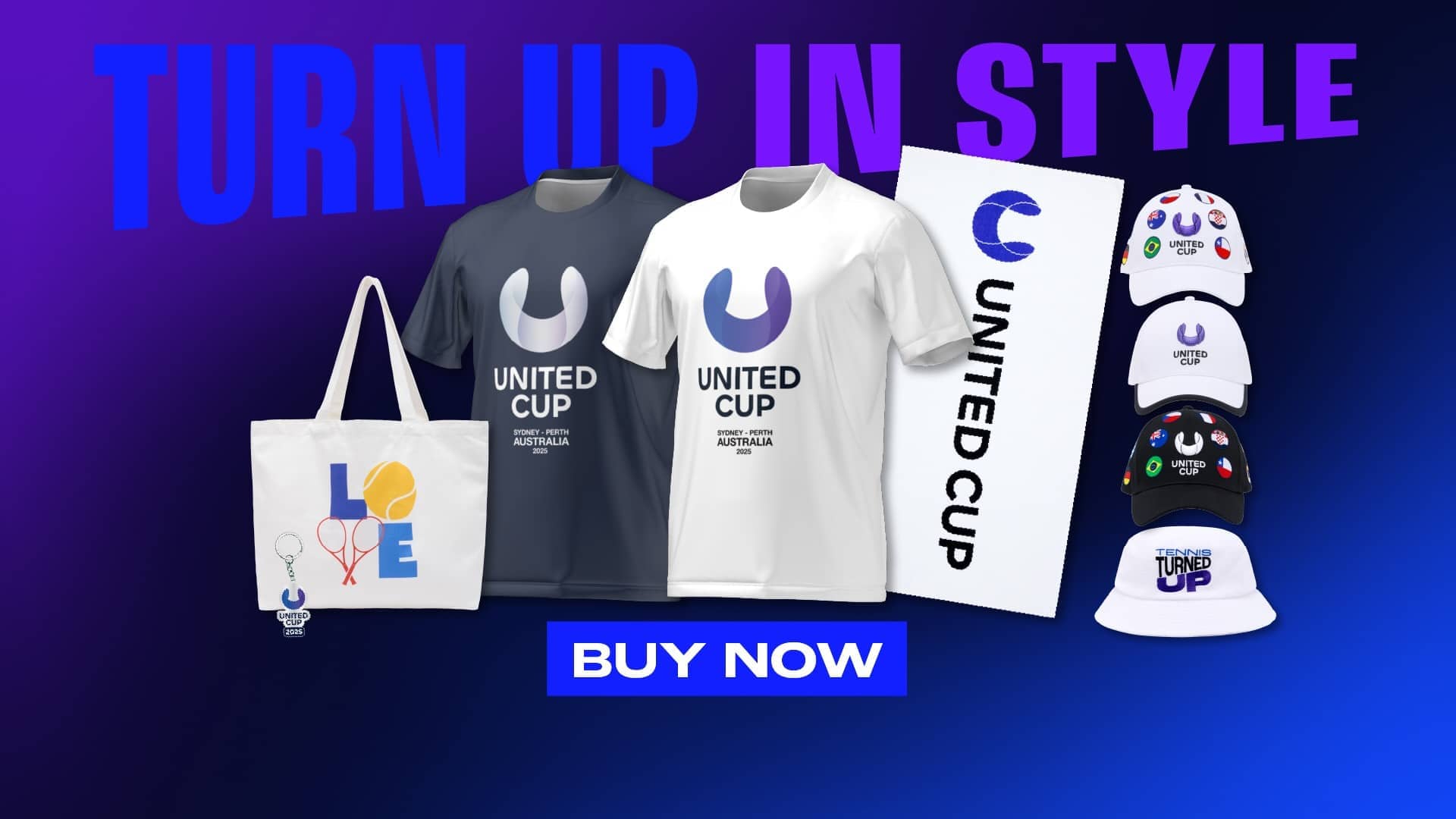 Advertisement to buy the 2025 United Cup merchandise range