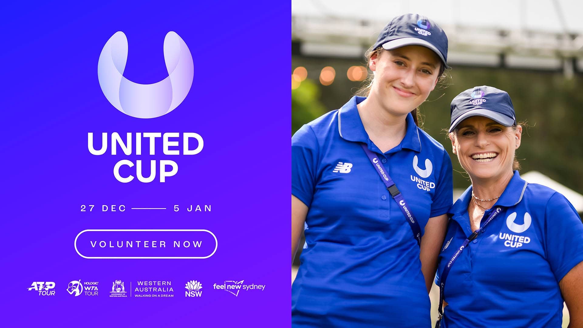 Image of 2 ladies wearing United Cup uniforms with a CTA to volunteer now